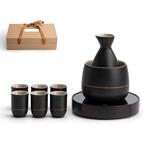 Juego de sake procedentes del comercio justo de piedra cerámica de sake y botella 2 vasos diseño negro 