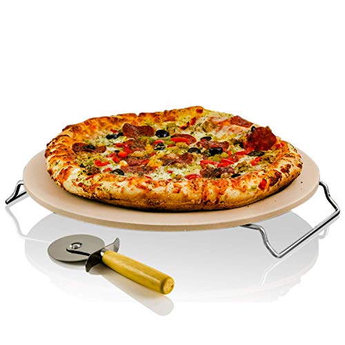 Cortador Pizza Arcilla de Chamota Bollos 33 cm de Diámetro Distribuye y Acumula Calor Pan Smile SKP-1 Piedra para Hornear Pizza Soporte de Metal 